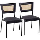 Rattan Tania Dining Chair in Black Metal, Rattan & Black Leatherette (Set of 2)
